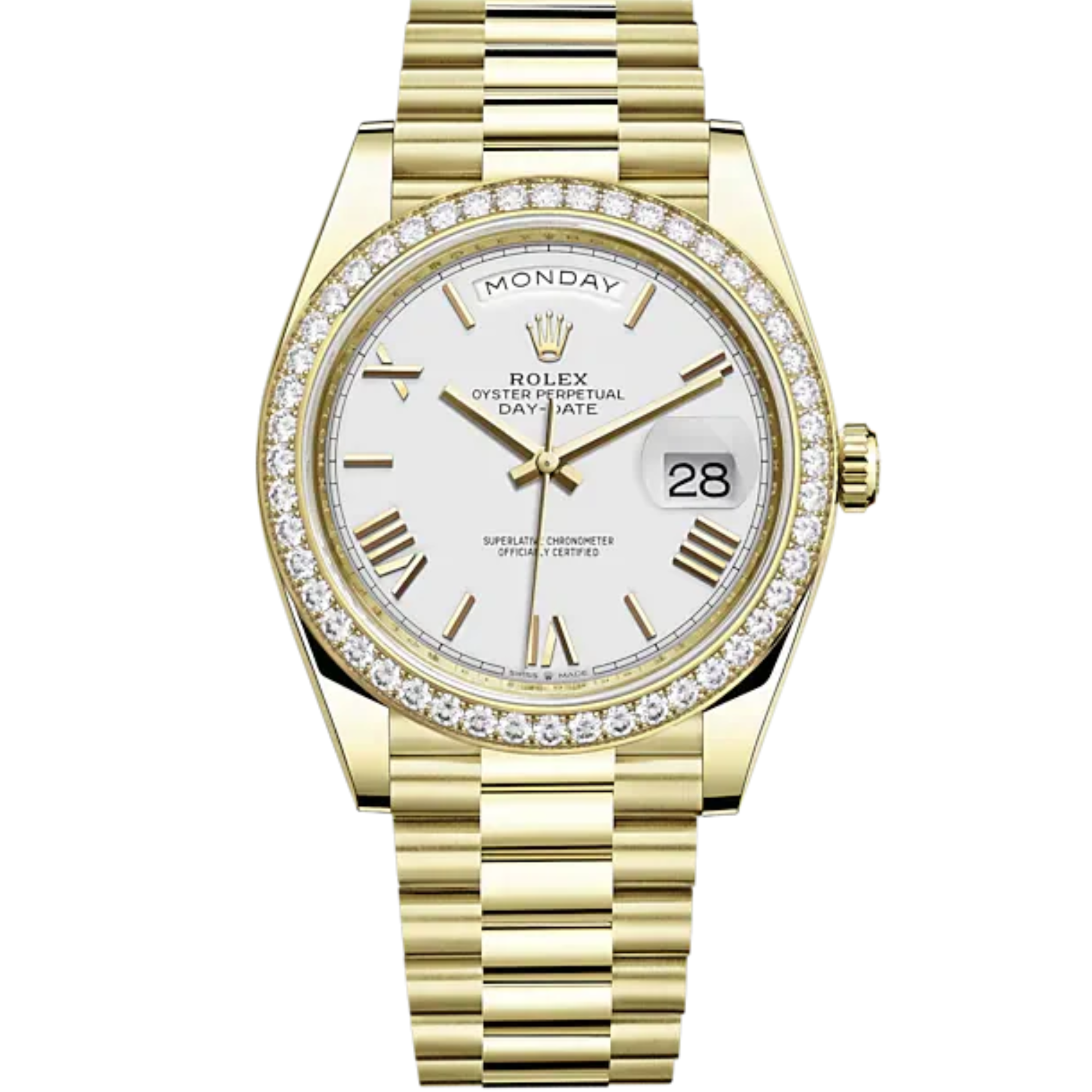 Rolex Day Date Ref. 228348RBR Yellow Gold White Roman Dial Diamond Bezel