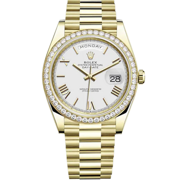 Rolex Day Date Ref. 228348RBR Yellow Gold White Roman Dial Diamond Bezel