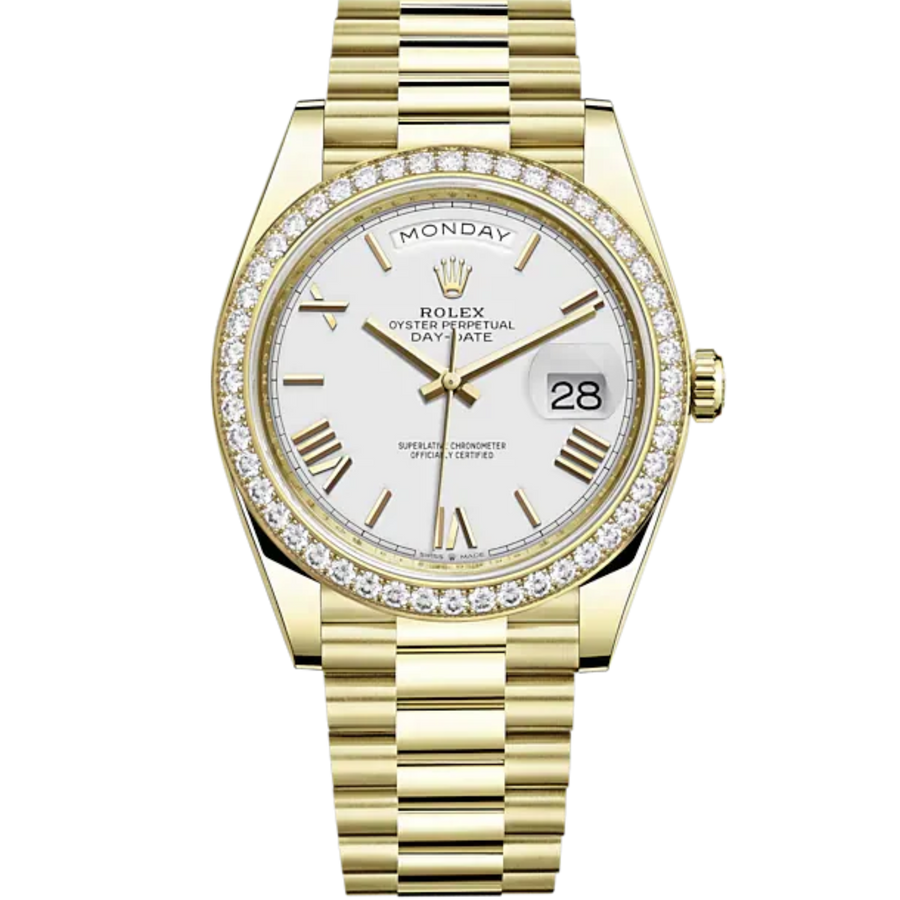 Rolex 228348RBR Yellow Gold Diamond-Set White Roman Dial luxury watch at 1Luxury Miami