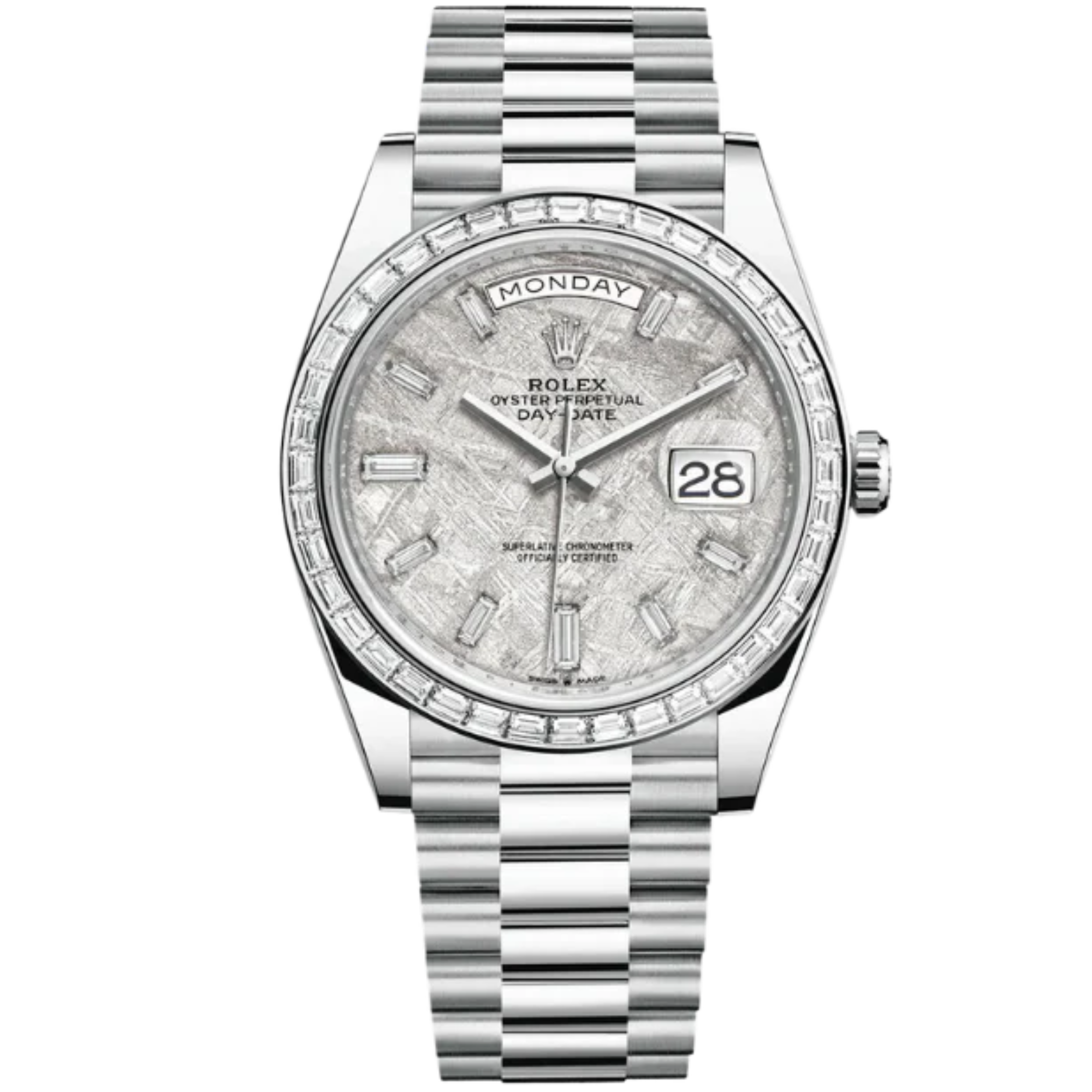 Rolex Day Date  Ref. 228396TBR Platinum Meteorite Dial Baguette Bezel and Markers