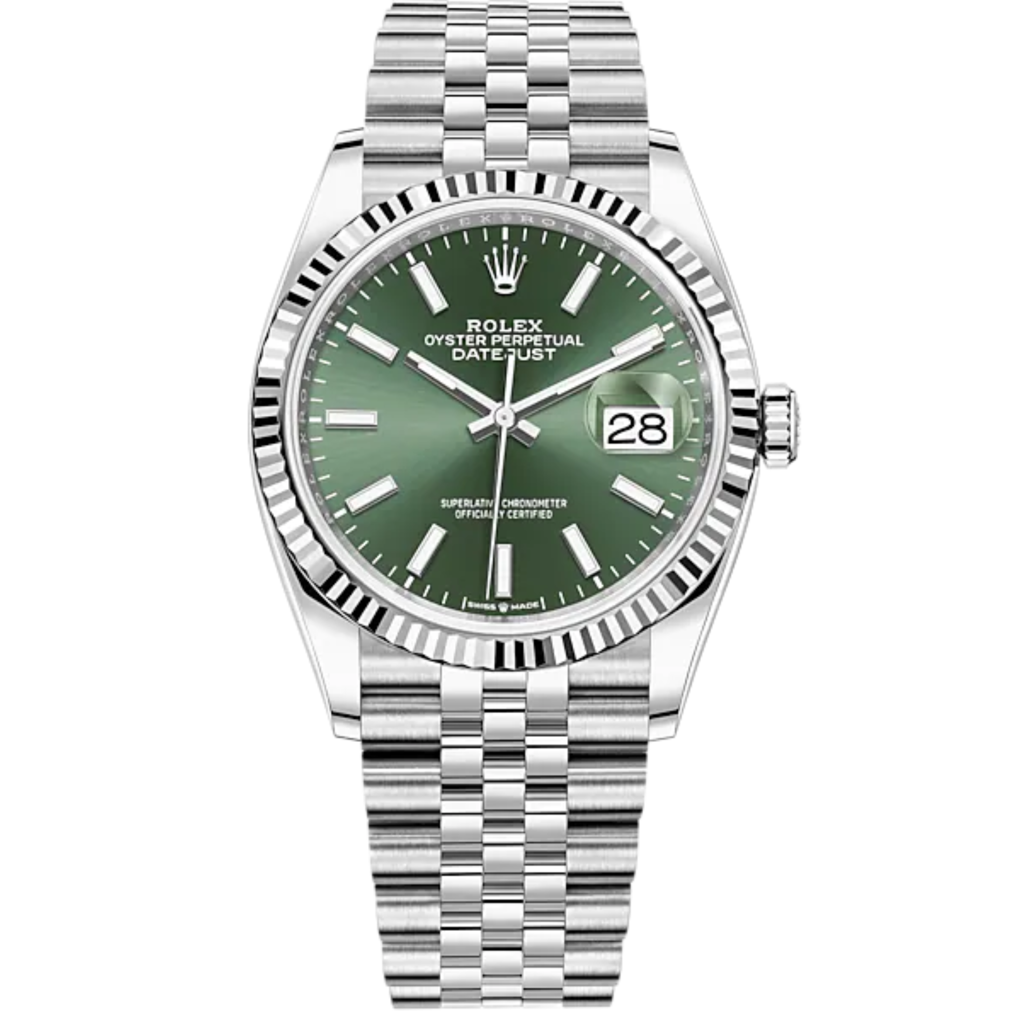 Rolex Datejust Ref. 126234 36mm White Gold Jubilee Bracelet Green Dial Fluted Bezel