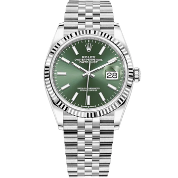 Rolex Datejust Ref. 126234 36mm White Gold Jubilee Bracelet Green Dial Fluted Bezel