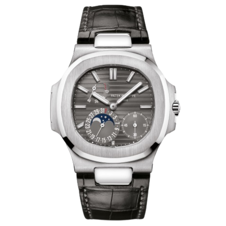 Patek Philippe Nautilus ref. 5712G white gold moon-phase display leather strap