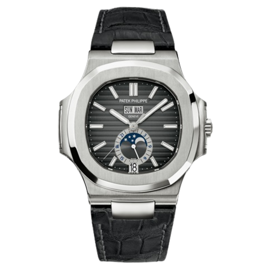 Patek Philippe Nautilus Annual Calendar ref. 5726A-001 steel charcoal dial leather strap