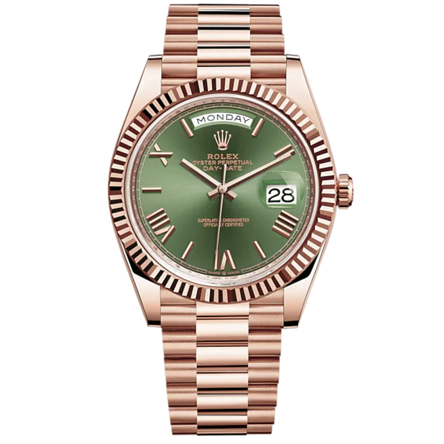 Rolex 228235 Rose Gold Olive Dial luxury watch at 1Luxury Miami