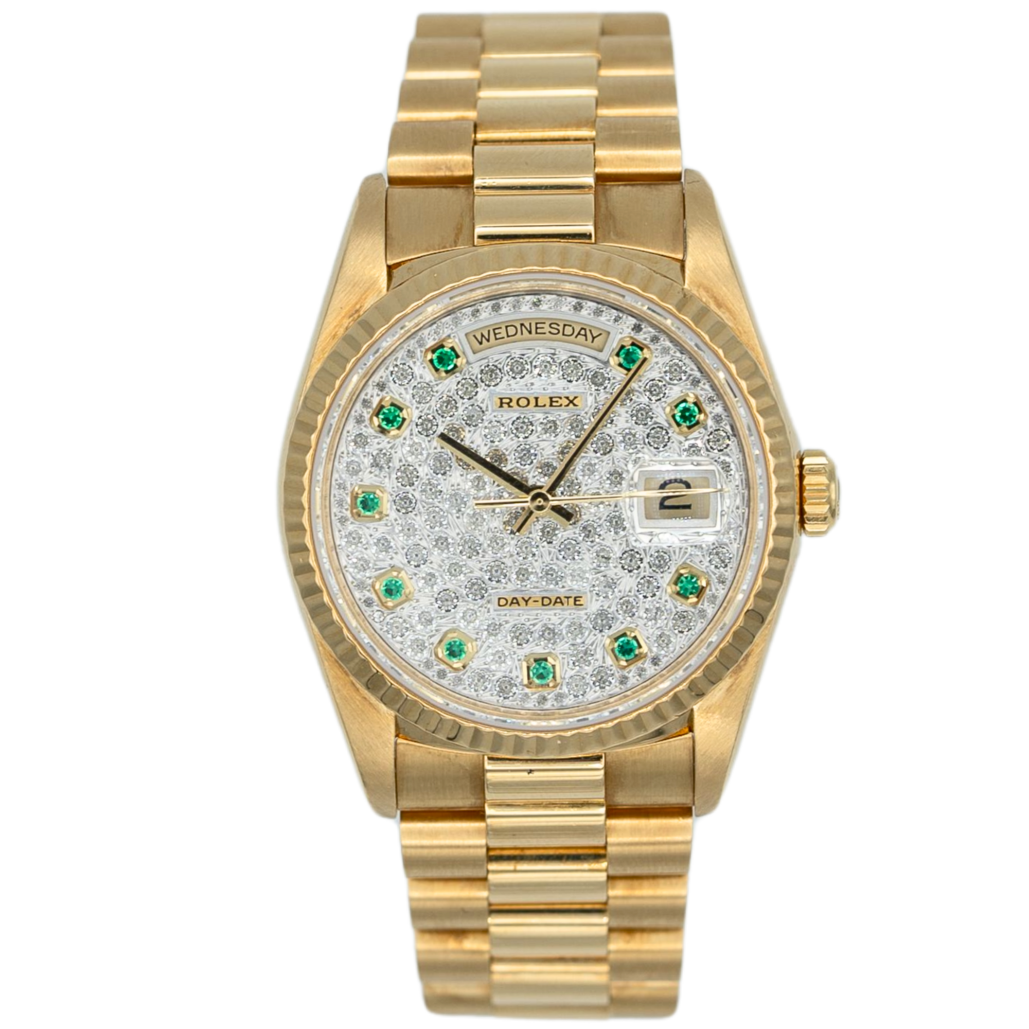 RolexDay Date Ref. 18238 36MM Yellow Gold Emerald Markers Factory Pave Set Dial