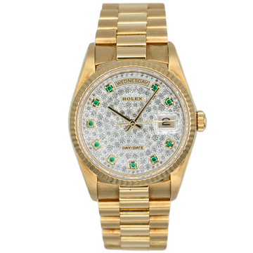 RolexDay Date Ref. 18238 36MM Yellow Gold Emerald Markers Factory Pave Set Dial