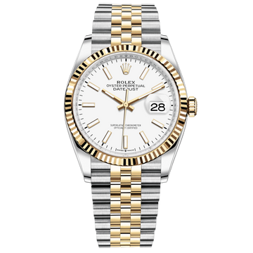 Rolex Datejust Ref. 126233 36MM YG/SS Two Tone White Stick Dial on Jubilee/Fluted Bezel