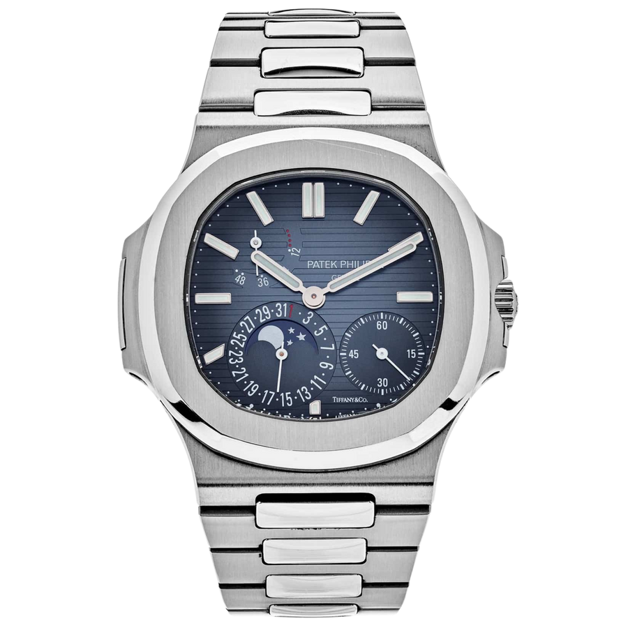 Patek Philippe Nautilus ref. 5712/1A steel moon-phase watch listed Tiffany stamp