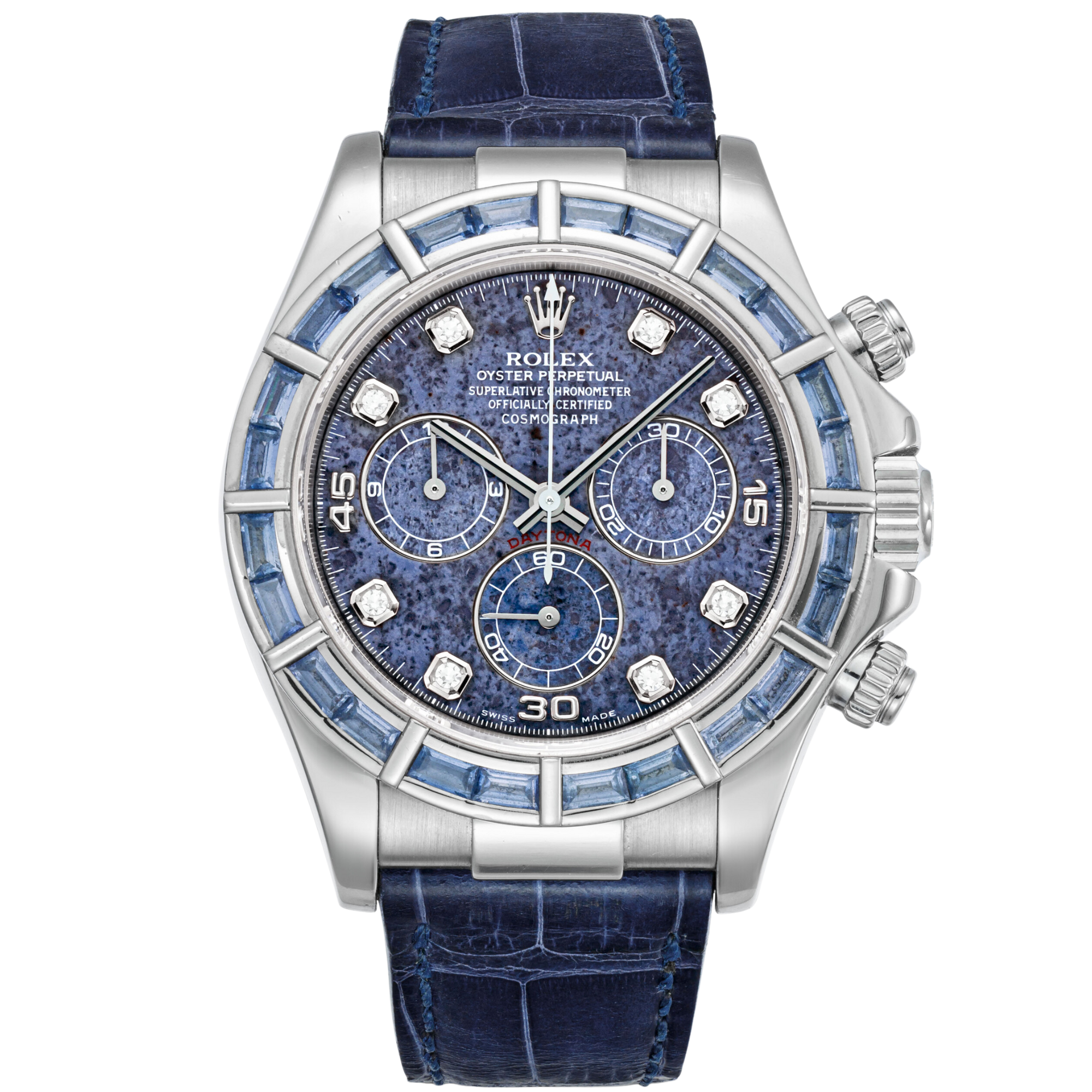 Rolex Daytona Ref. 116589SACI ⁠White Gold Baguette Bezel Sodalite Diamond Dial on Leather