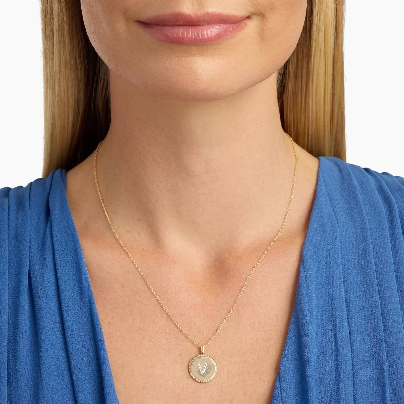 Pavé Diamond Letter V Initial Pendant in 14K Yellow Gold