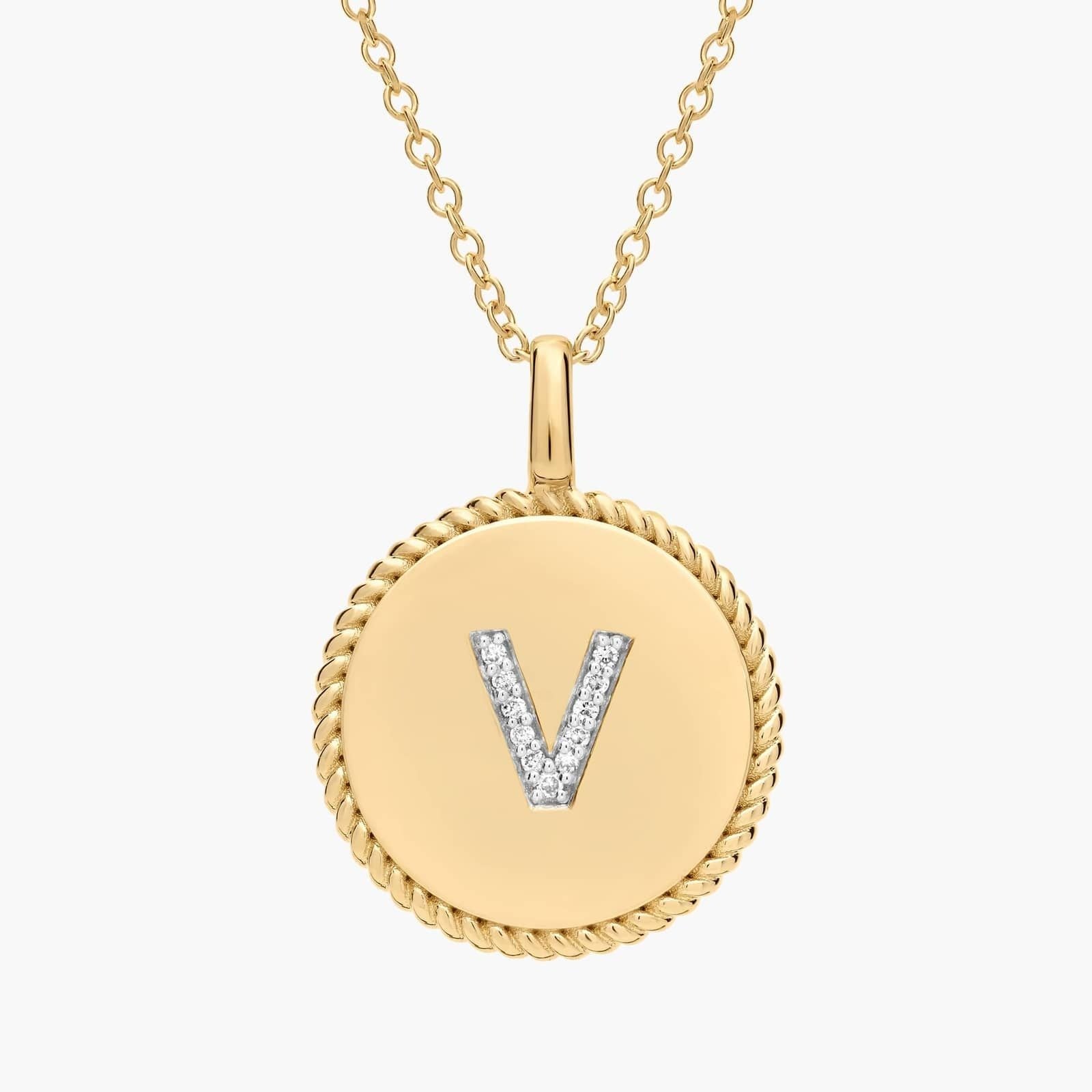 Pavé Diamond Letter V Initial Pendant in 14K Yellow Gold