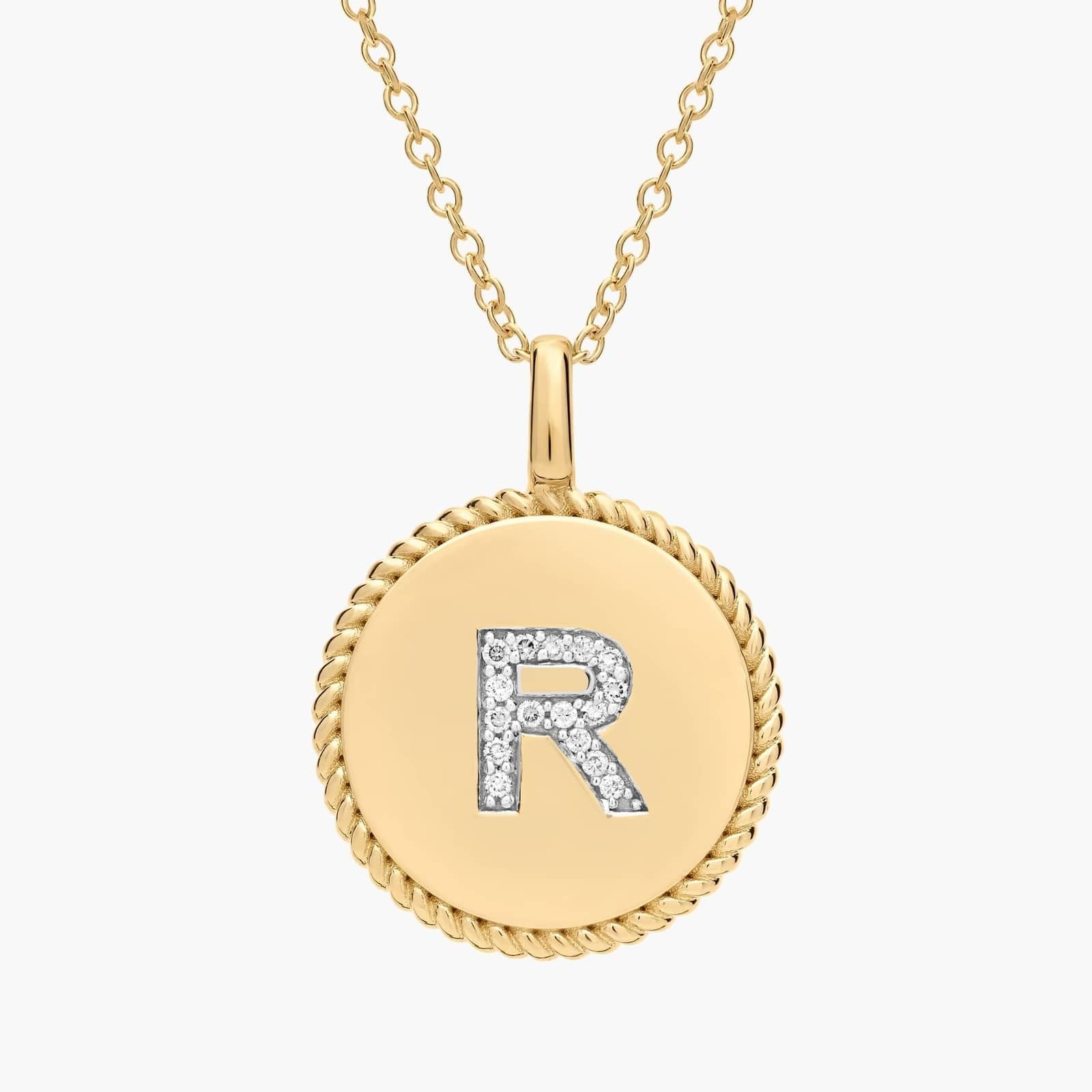 Pavé Diamond Letter R Initial Pendant in 14K Yellow Gold