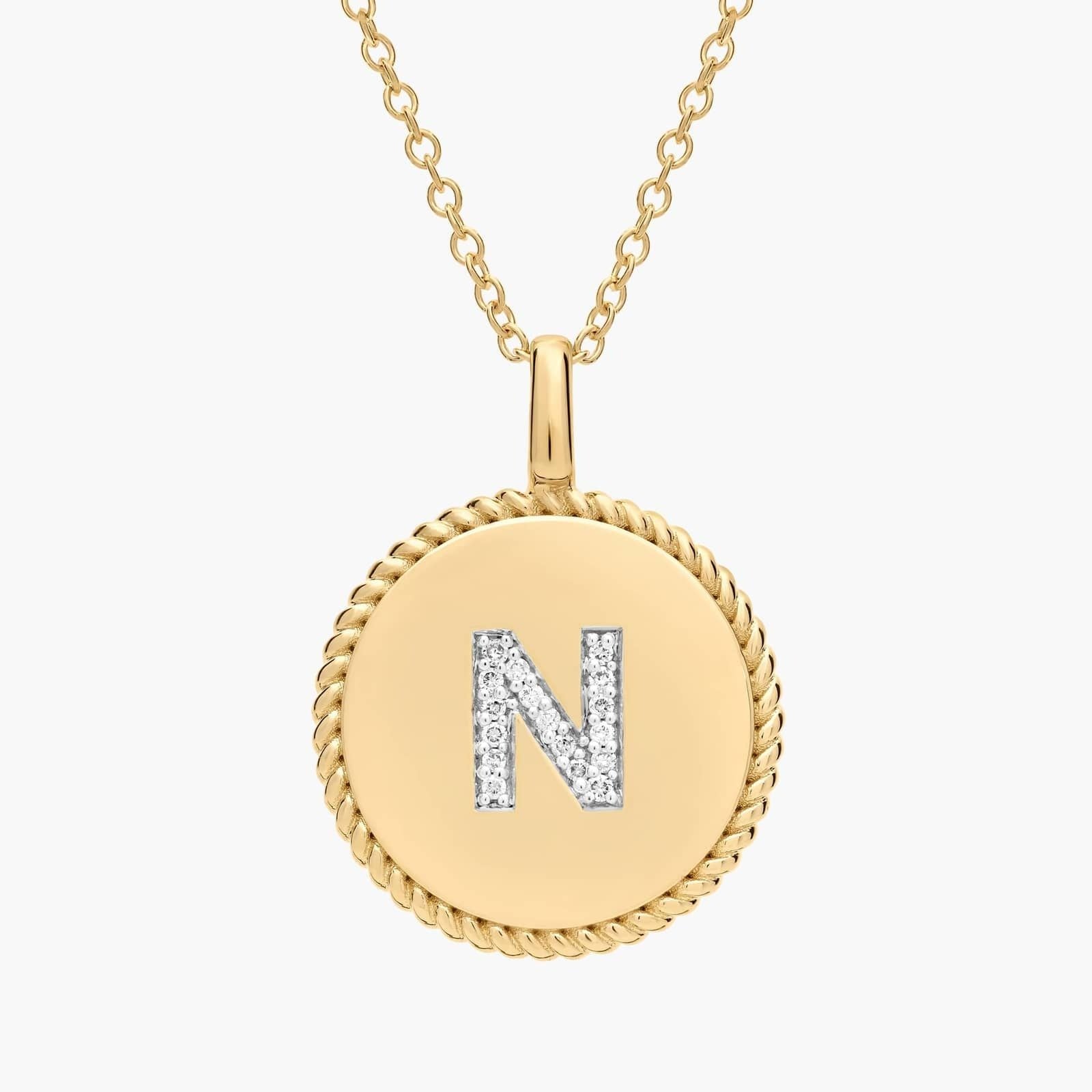 Pavé Diamond Letter N Initial Pendant in 14K Yellow Gold