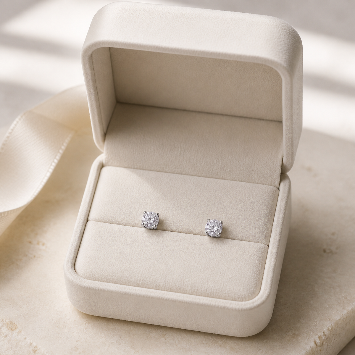Gift presentation of lab-grown diamond stud earrings in 14K white gold