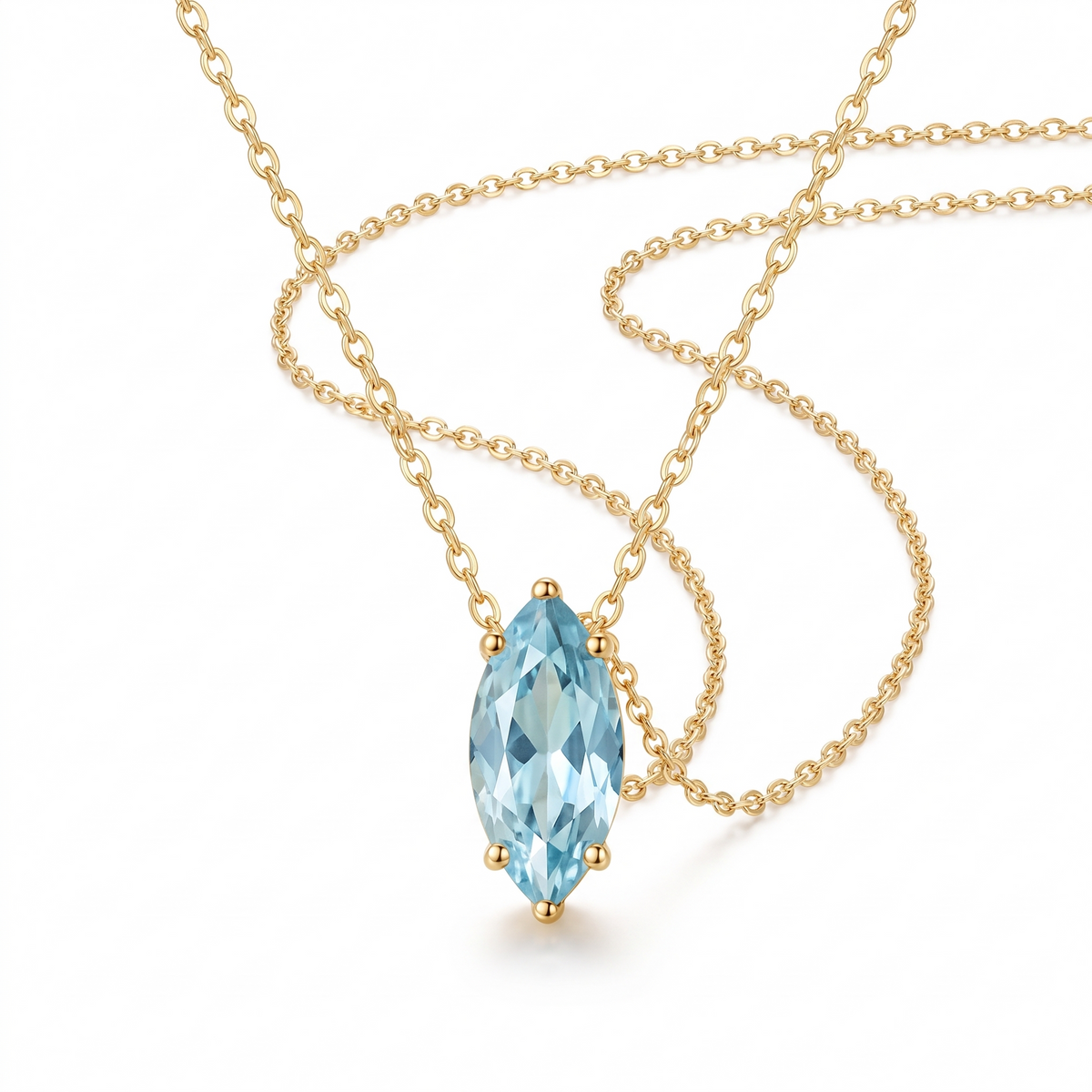Marquise-cut aquamarine solitaire necklace in solid gold, catalog view — AI-generated design representation