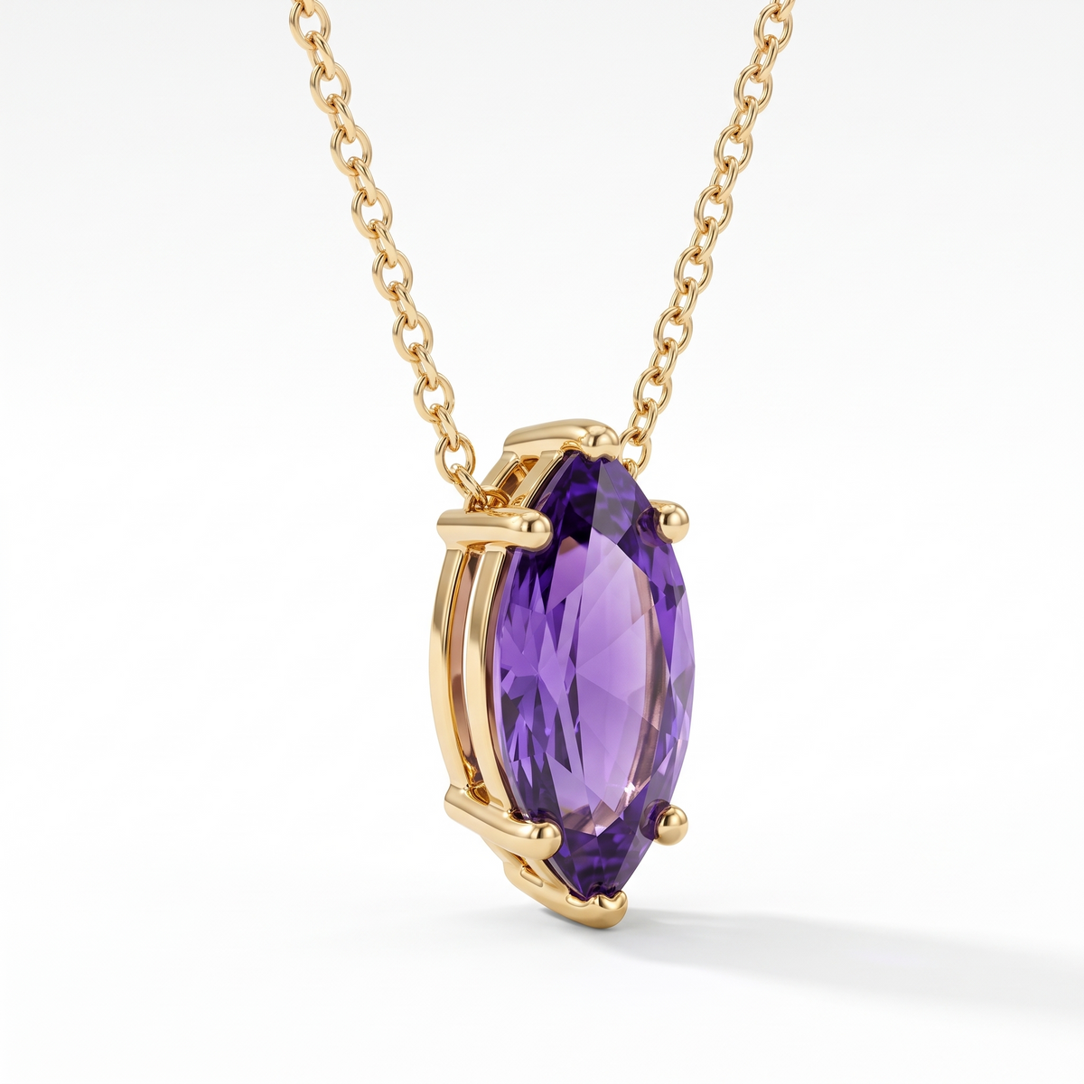 Marquise-cut amethyst solitaire necklace, angled front detail — AI-generated design representation