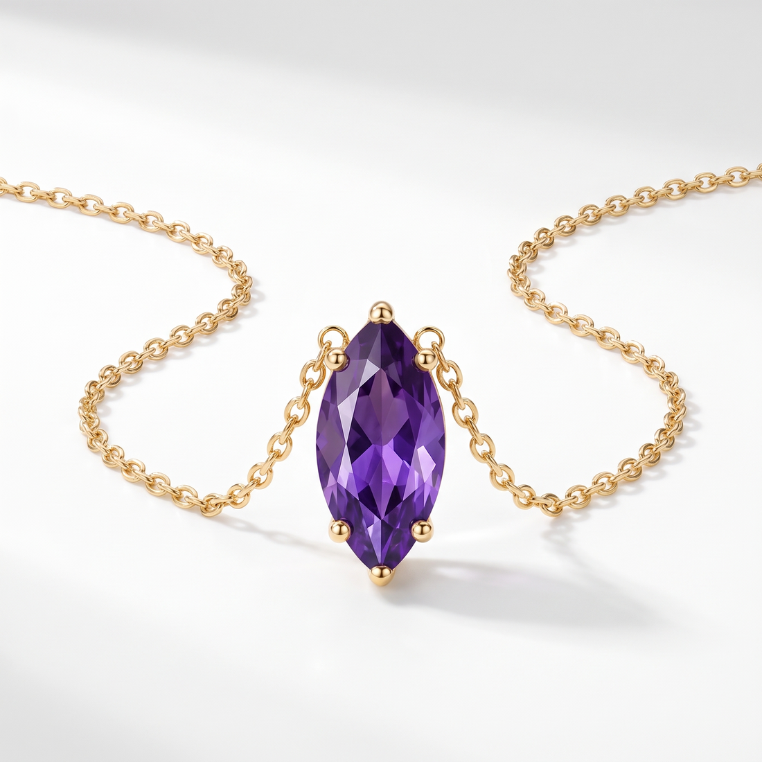 Marquise-cut amethyst solitaire necklace in solid gold, catalog view — AI-generated design representation