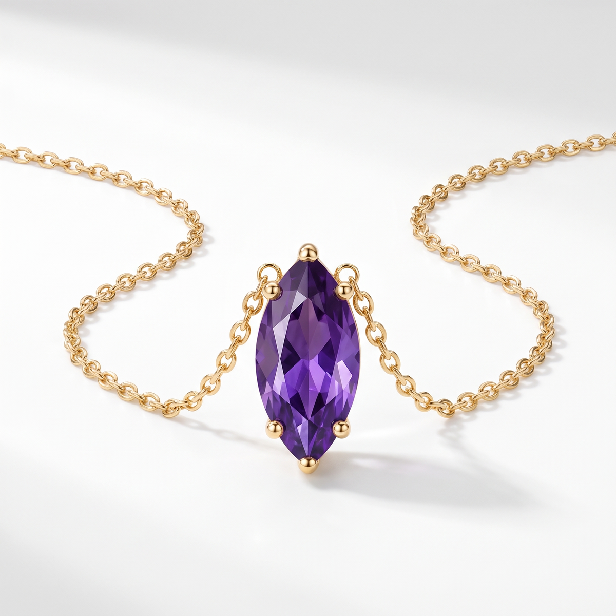 Marquise-cut amethyst solitaire necklace in solid gold, catalog view — AI-generated design representation