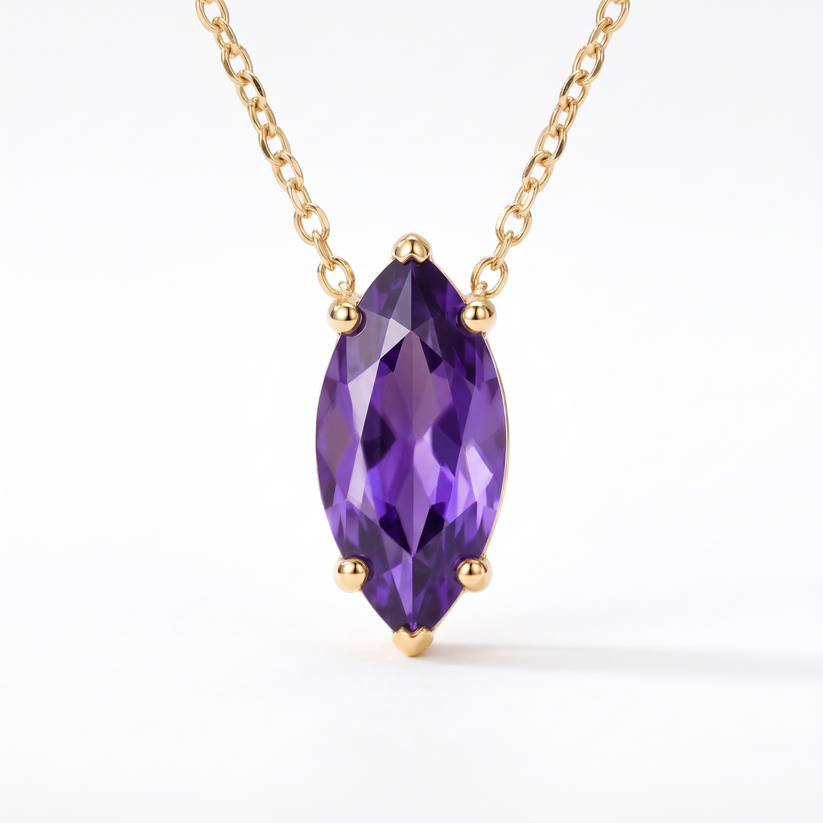 Marquise-cut amethyst solitaire necklace, gemstone and setting detail — AI-generated design representation