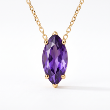 Marquise-cut amethyst solitaire necklace, gemstone and setting detail — AI-generated design representation