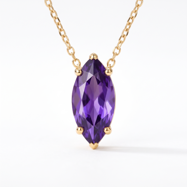 Marquise-cut amethyst solitaire necklace, gemstone and setting detail — AI-generated design representation