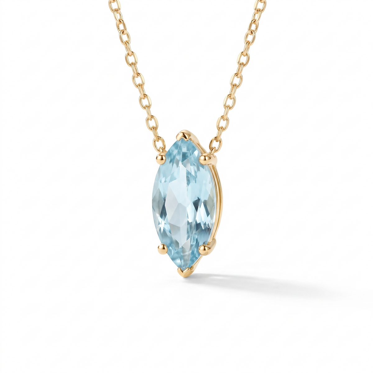 Marquise-cut aquamarine solitaire necklace, angled front detail — AI-generated design representation