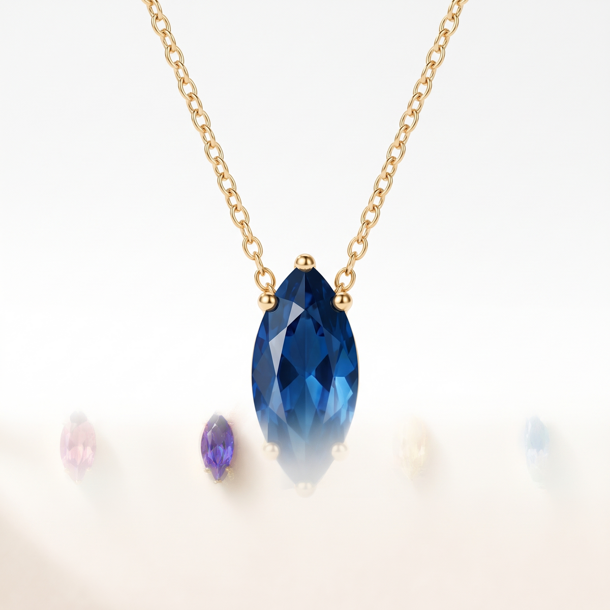Marquise-cut blue sapphire solitaire necklace in solid gold, catalog view — AI-generated design representation