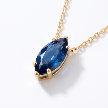 Marquise-cut blue sapphire solitaire necklace, gemstone and setting detail — AI-generated design representation