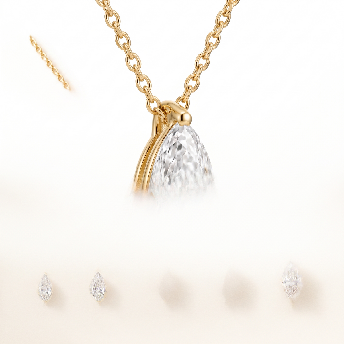 Marquise-cut diamond solitaire necklace, angled front detail — AI-generated design representation
