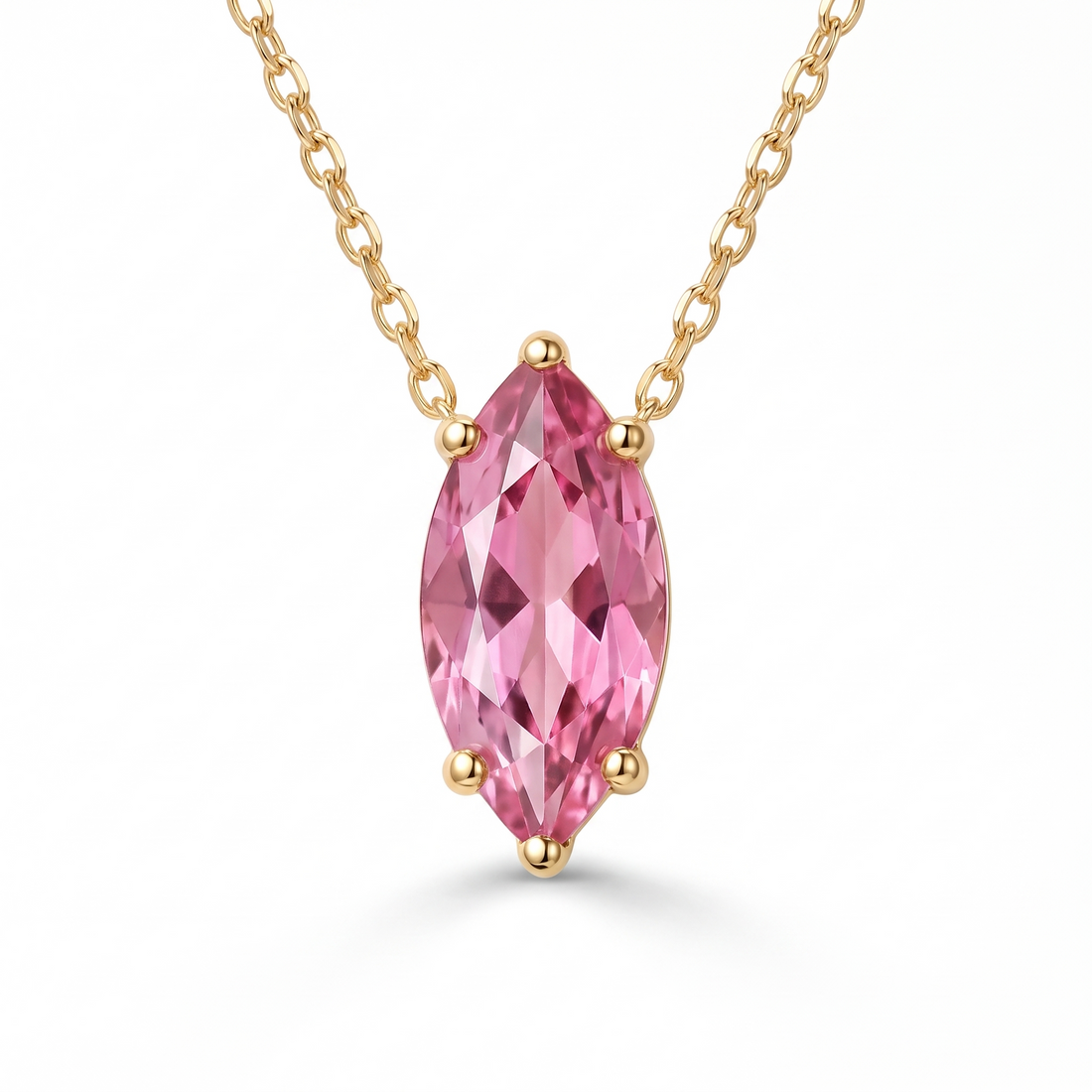 Marquise-cut pink tourmaline solitaire necklace, gemstone and setting detail — AI-generated design representation