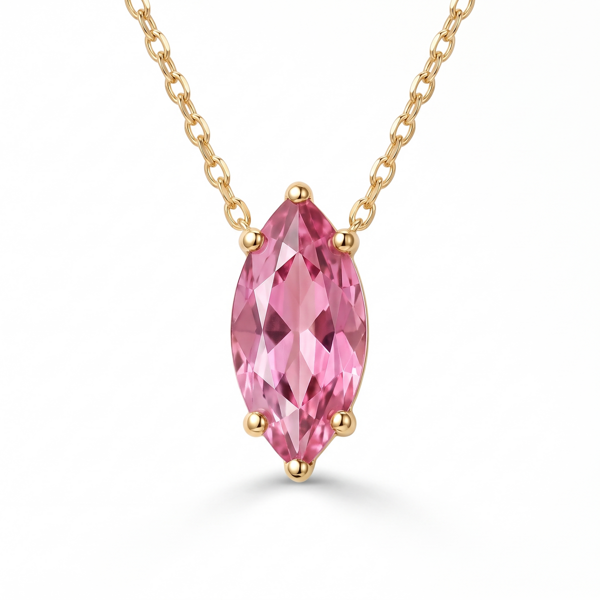 Marquise-cut pink tourmaline solitaire necklace, gemstone and setting detail — AI-generated design representation