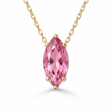 Marquise-cut pink tourmaline solitaire necklace, gemstone and setting detail — AI-generated design representation