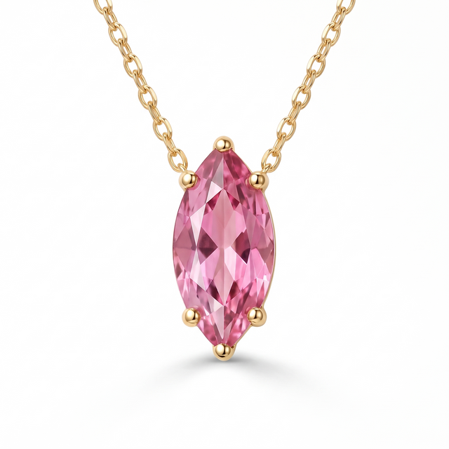 Marquise-cut pink tourmaline solitaire necklace, gemstone and setting detail — AI-generated design representation