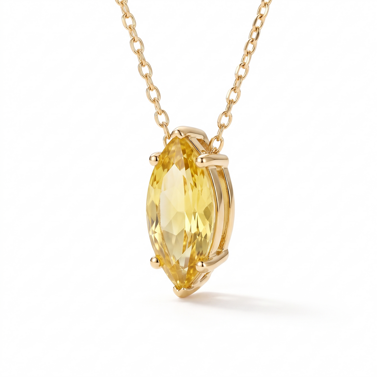 Marquise-cut yellow sapphire solitaire necklace, angled front detail — AI-generated design representation