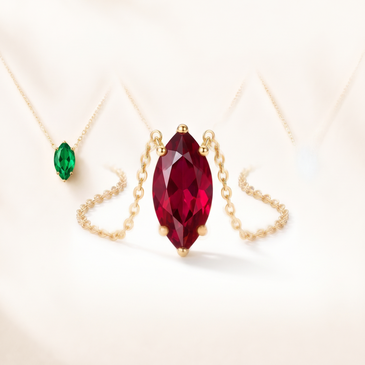 Marquise-cut ruby solitaire necklace in solid gold, catalog view — AI-generated design representation