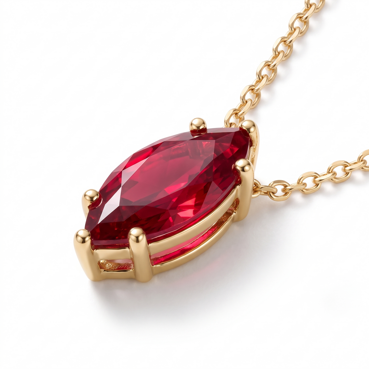 Marquise-cut ruby solitaire necklace, gemstone and setting detail — AI-generated design representation