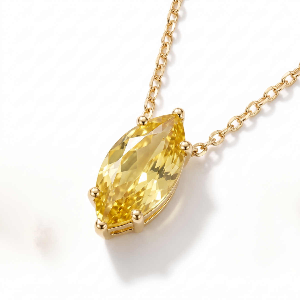 Marquise-cut yellow sapphire solitaire necklace, gemstone and setting detail — AI-generated design representation