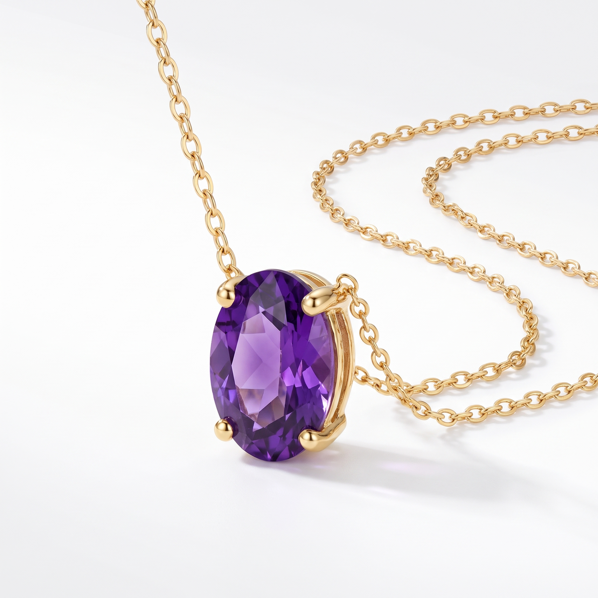 Oval-cut amethyst solitaire necklace, angled front detail — AI-generated design representation