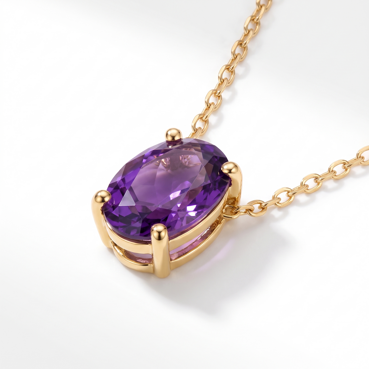 Oval-cut amethyst solitaire necklace, gemstone and setting detail — AI-generated design representation