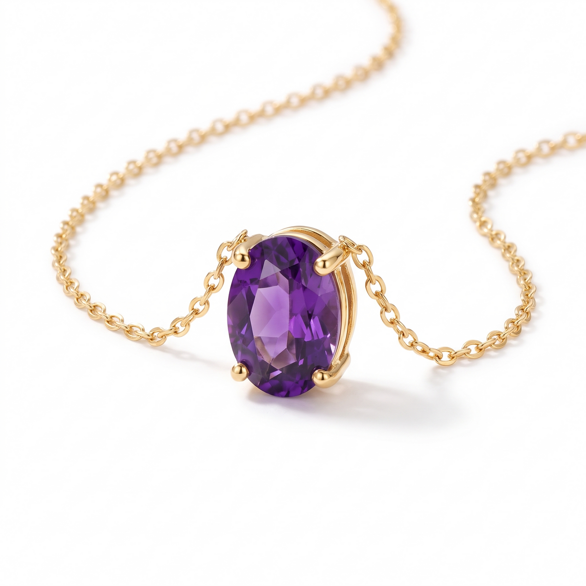 Oval-cut amethyst solitaire necklace in solid gold, catalog view — AI-generated design representation