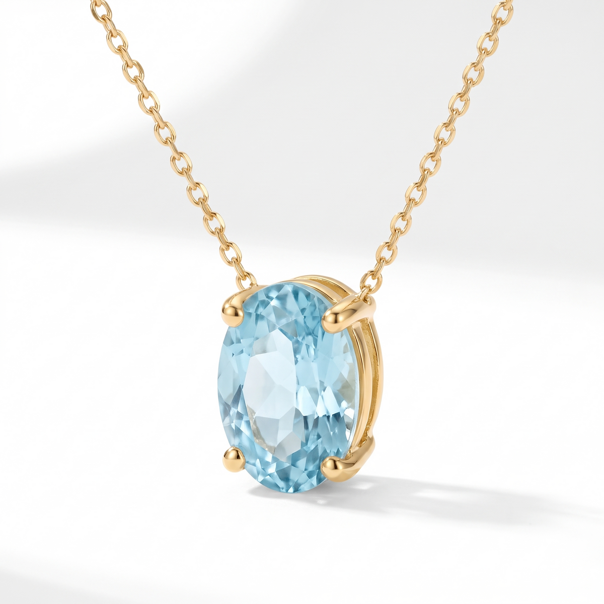 Oval-cut aquamarine solitaire necklace, angled front detail — AI-generated design representation