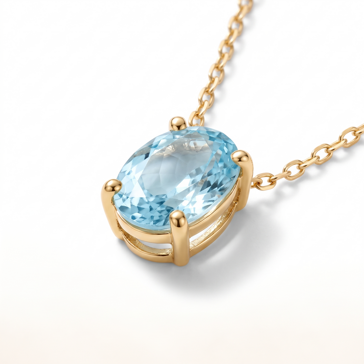Oval-cut aquamarine solitaire necklace, gemstone and setting detail — AI-generated design representation
