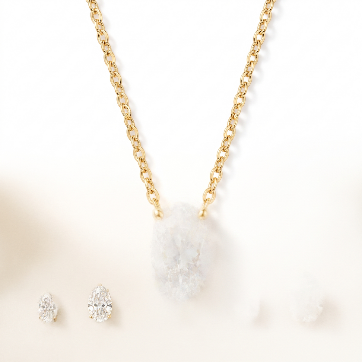 Oval-cut diamond solitaire necklace in solid gold, catalog view — AI-generated design representation