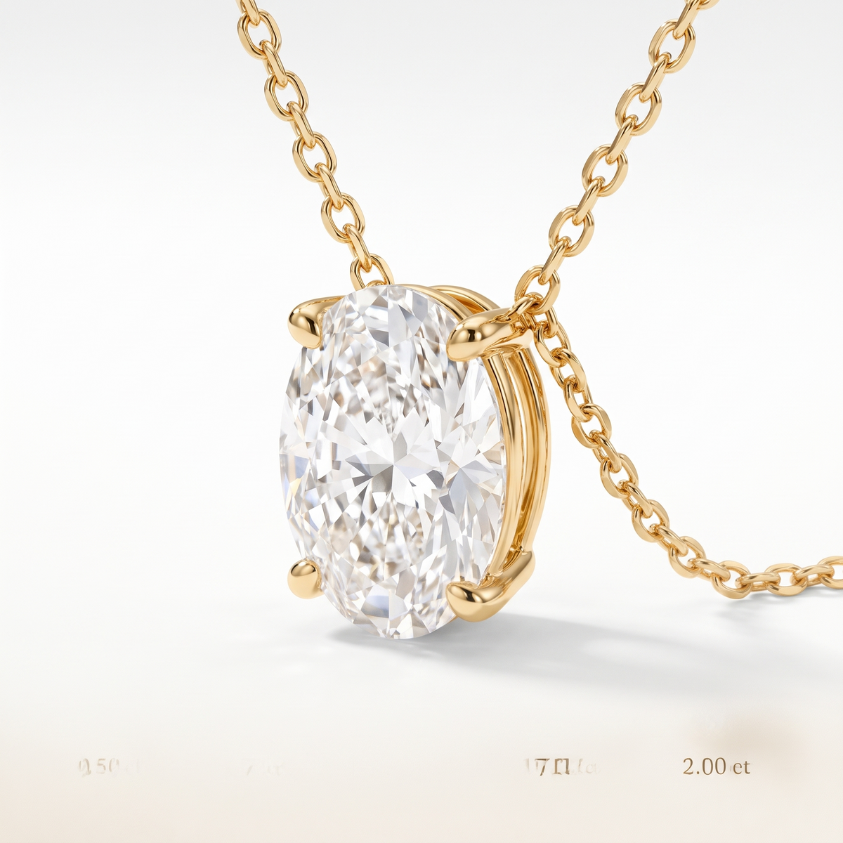 Oval-cut diamond solitaire necklace, angled front detail — AI-generated design representation
