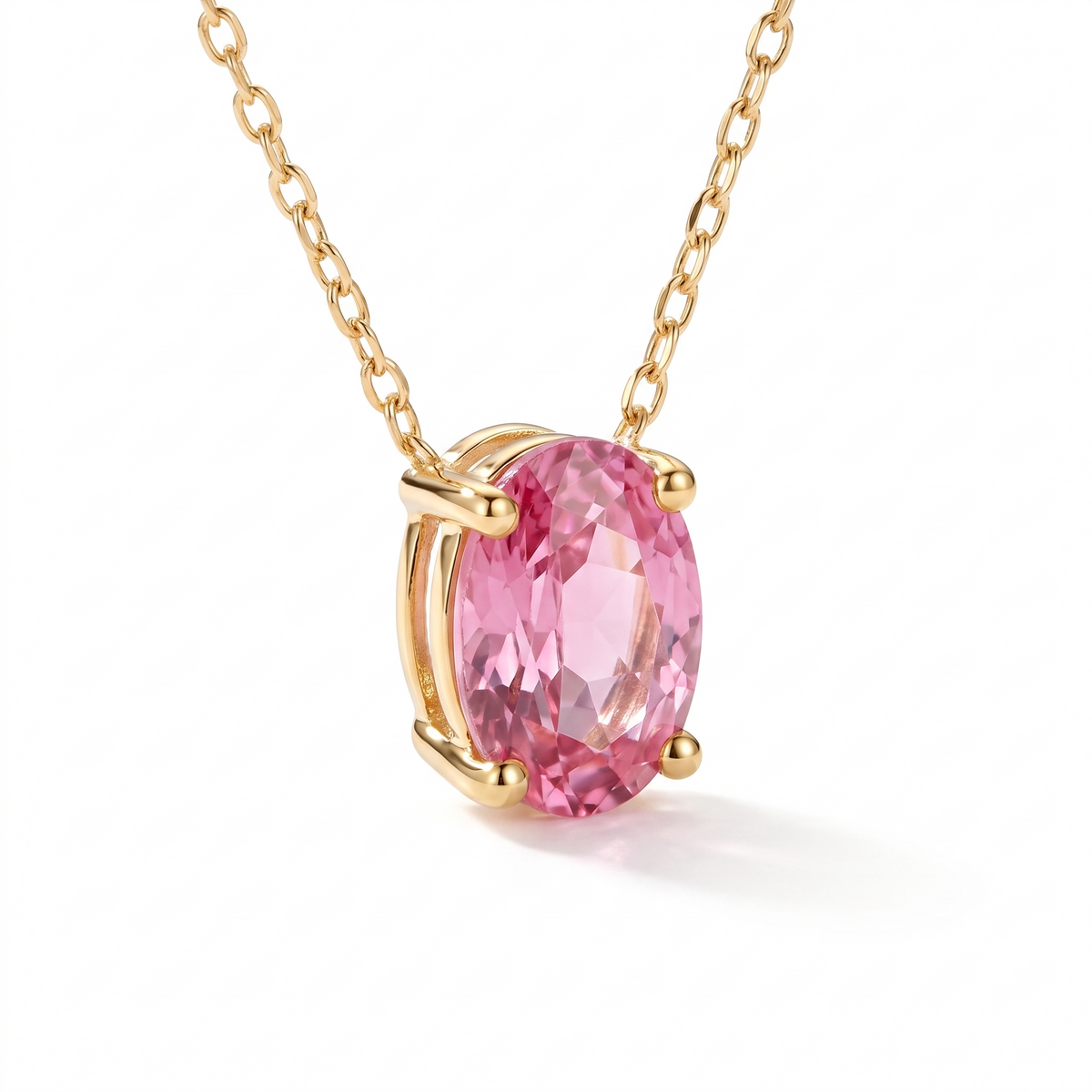 Oval-cut pink tourmaline solitaire necklace, angled front detail — AI-generated design representation