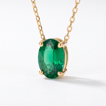 Oval-cut emerald solitaire necklace, gemstone and setting detail — AI-generated design representation