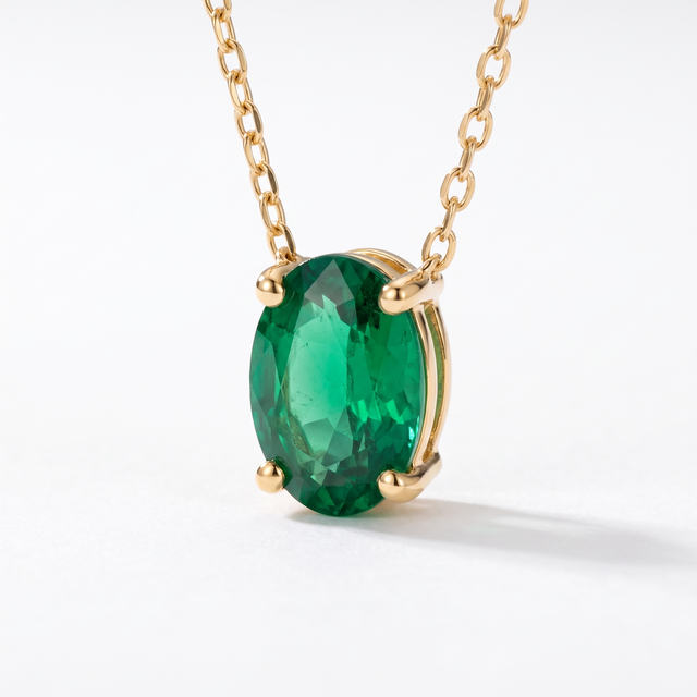 Oval-cut emerald solitaire necklace, gemstone and setting detail — AI-generated design representation