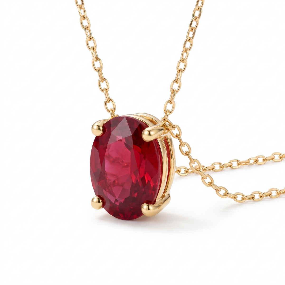 Oval-cut ruby solitaire necklace, angled front detail — AI-generated design representation