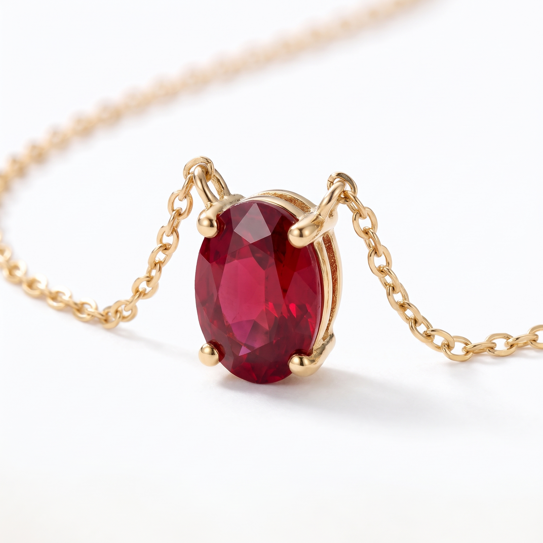 Oval-cut ruby solitaire necklace, gemstone and setting detail — AI-generated design representation